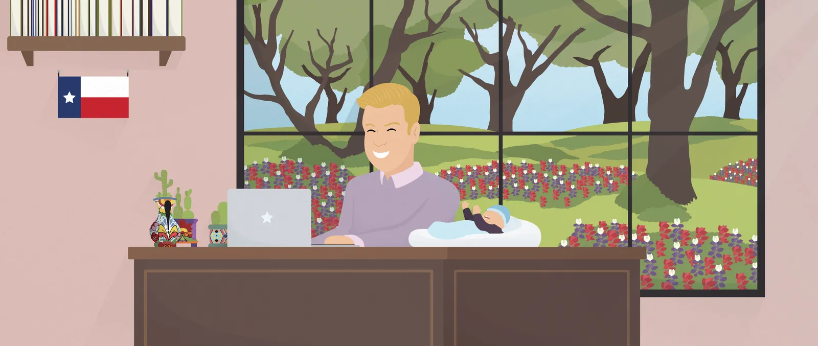 Illustration: Ryan writing at his desk beside his sleeping son, Texas wildflowers outside the window
